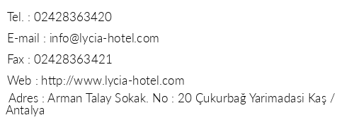 Lycia Hotel telefon numaralar, faks, e-mail, posta adresi ve iletiim bilgileri